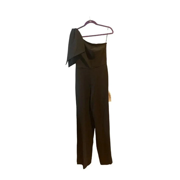 NWT DRESS THE POPULATION Tiffany Jumpsuit black One Shoulder Bow Wide Leg Medium - Picture 6 of 11